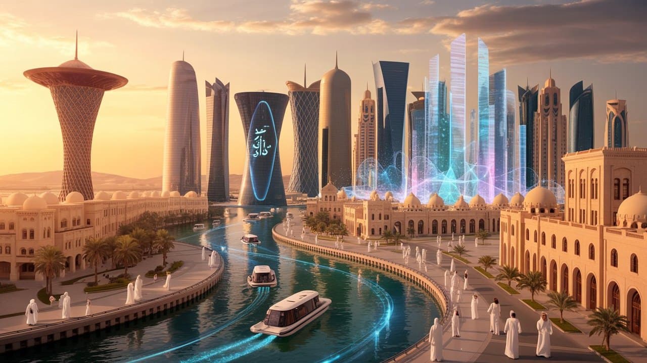 A Doha skyline at golden hour with Arabic calligraphy projected in light across a tower facade and holographic data blooming over the corniche.