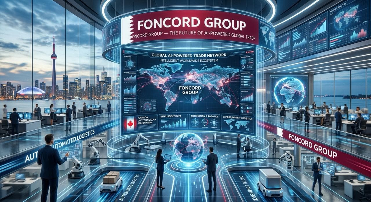 A futuristic trade command centre: a curved screen showing a global AI-powered trade network, robotic arms and autonomous delivery vehicles, with the Toronto skyline through the windows.
