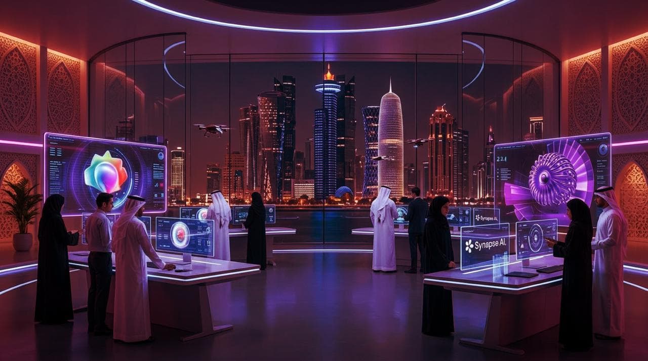 A curved exhibition pavilion at night, visitors at glowing holographic display tables, the lit Doha West Bay skyline through the glass behind them.
