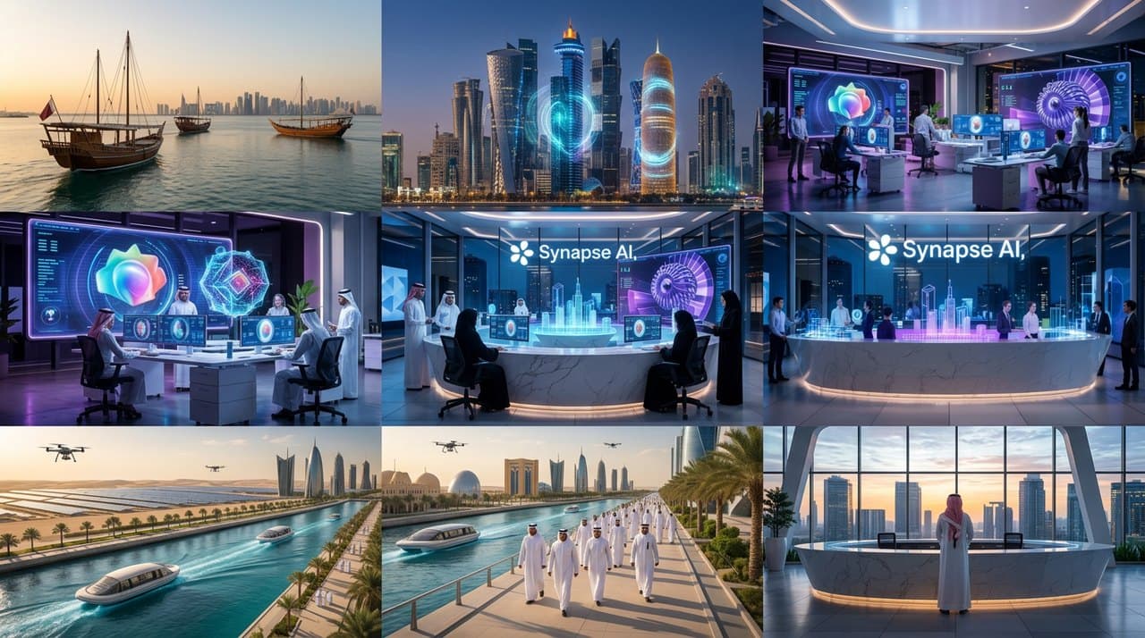 A nine-up storyboard sheet running from dhows at dawn through a holographic city skyline, studio and showroom interiors, and a canal district of drones and floating pods.